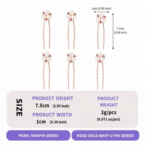 Detailed size chart for rose gold pearl flower U-shaped hairpins for weddings and hair buns