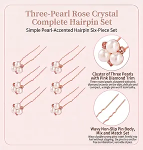 Detail of a 6pcs pearl and pink rhinestone U-shaped hairpin set with wavy non-slip pins.