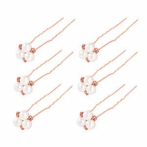 Elegant 6-piece rose gold pearl flower U-shaped bridal hair pins set for weddings