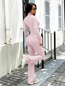 Full back view of pink Y2K yoga set featuring slim-fit jacket and flared pants