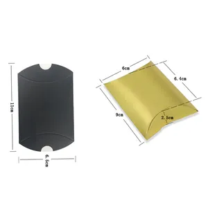 Detailed dimension view of black and gold pillow shaped favor boxes for wedding party gifts