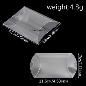 Detailed view of transparent PVC pillow favor box with specific dimensions