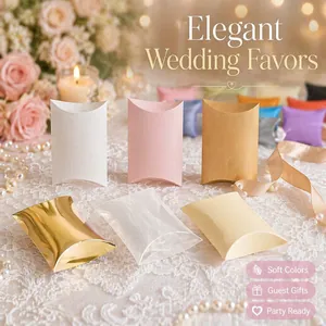 Variety of elegant pillow gift boxes for wedding favors shown in a romantic setup