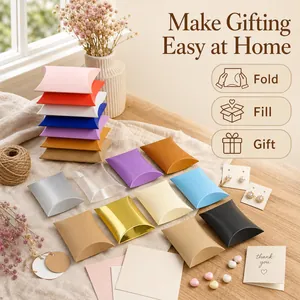 Detailed view of multicolored pillow-shaped gift boxes in various finishes and colors.