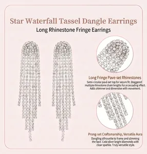 Detailed view of shimmering full-rhinestone long tassel earrings with claw-setting
