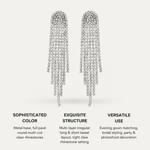 Detailed view of elegant multi-layer silver rhinestone tassel earrings for bridal wear.
