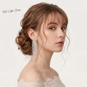 Luxurious Copper Long Tassel Dangle Earrings For Women Silver Rhinestone Elegant Bridal Drop Earrings For Wedding Party