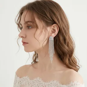 Elegant long rhinestone tassel earrings perfect for bridal weddings and luxury dinner parties