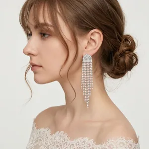 Elegant long silver tassel earrings with sparkling crystals for bridal wedding