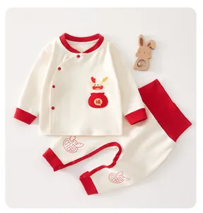 Ensemble de vêtements festif pour nouveau-né en coton rouge et crème motif dragon