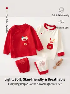 Ensemble de Vêtements à Manches Longues pour Nouveau-Né 100% Coton Style Chinois Broderie Dragon Pantalon Taille Haute Rouge Crème