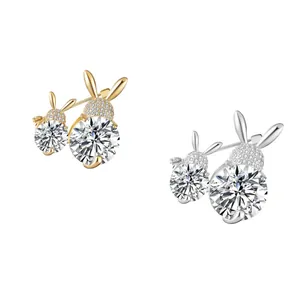 Broche Lapin Double en Strass Dessin Animé Mignon Style Européen Américain Plaquée Or Argent Zircone Bijoux de Mode Cadeau Accessoire