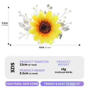 Spécifications détaillées de taille et de poids pour le peigne à cheveux tournesol avec perles.