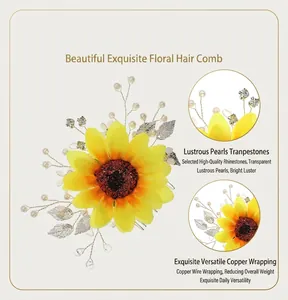 Vue détaillée macro d'un peigne à cheveux tournesol fait main avec perles et cristaux