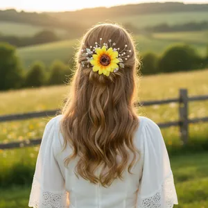 Peigne à cheveux tournesol fait main avec perles et strass dans un champ naturel