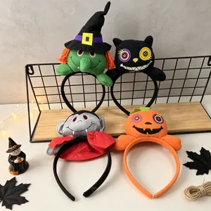 Set of plush Halloween headbands featuring witch, cat, vampire, and pumpkin designs