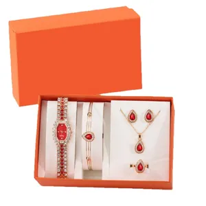 Luxury women's quartz watch and red gem jewelry set with necklace and bracelet