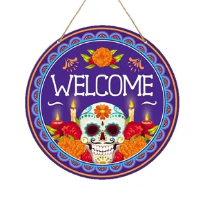 Plaque de bienvenue décorative Jour des Morts avec crâne en sucre pour mur de maison.