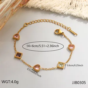 Detail view of 18K gold plated stainless steel bracelet with pink hearts and square gems.