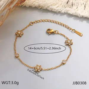 Detailed view of 18K gold plated stainless steel flower bracelet with dimension specs.