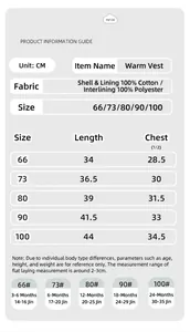 Tableau des tailles détaillé pour gilet en coton bébé avec mesures de buste.