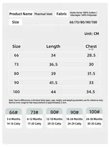 Tableau de tailles complet pour gilet chaud bébé avec mesures de longueur, poitrine et âge.