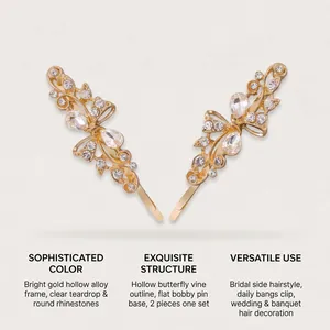 Retro butterfly bobby pins detail with gold alloy frame and clear rhinestone accents