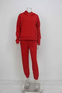 Full view of a red hooded tracksuit two-piece set displayed on a clear mannequin