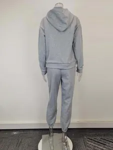 Detailed back view of a grey casual sports hoodie and sweatpants set on a mannequin