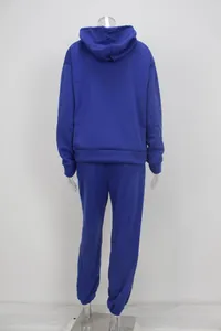 Rear view of a vibrant blue two-piece tracksuit set with a hoodie and joggers
