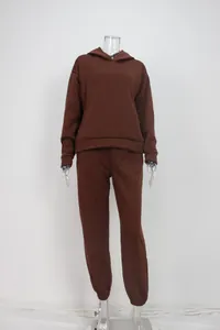 Full view of women's solid brown hooded sweatshirt and joggers sports set
