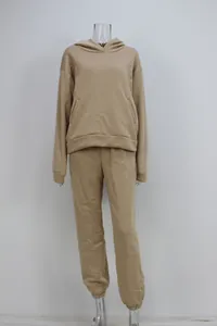 Women's solid khaki hooded sweatshirt and matching jogger pants set on mannequin
