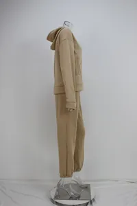 Side view of khaki hooded sweatshirt and jogger pants set on mannequin