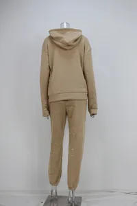 Back view of a casual khaki two-piece tracksuit set featuring a hoodie and joggers