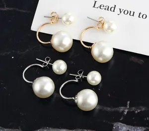 Elegant front-back faux pearl stud earrings in gold and silver finish details