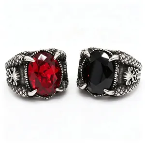 Vintage Gothic Dragon Claw Men Stainless Steel Ring Gothic Punk Biker Jewelry With Large Oval Rhinestone Inlay Retro Style Ring