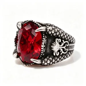 Vintage dragon claw ring for men with large red oval gemstone in titanium steel