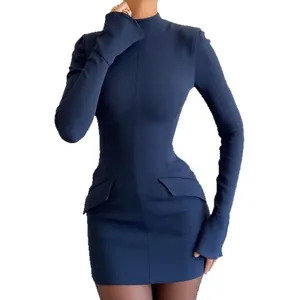 Elegant navy blue slim fit long sleeve bodycon mini dress with high neck