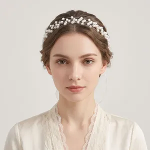 Cerchietto di perle fatto a mano multistrato con lunghi nastri in organza per la sposa