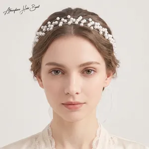 Fascia per Capelli da Sposa con Künstliche Perle Elegante Copricapo da Matrimonio Con Nastro in Chiffon Filo di Rame Fatto a Mano per Donna Festa
