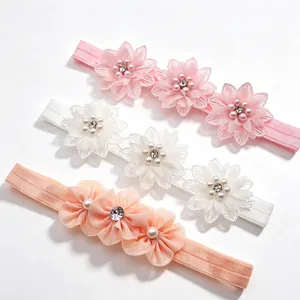 Baby Headband Elastic Lace Chiffon Flowers Faux Artificial Pearl Rhinestone Handmade Infant Hair Accessories Wedding Party Princess Style