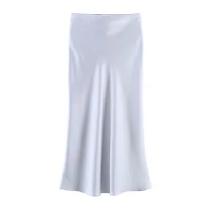 Elegant white satin midi skirt with a silky smooth finish and high waist