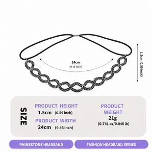 Detailansicht des elastischen Strass-Stirnbands mit Abmessungen und Gewichtsinfos.