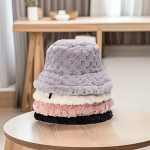 Faux Fur Bucket Hat Winter Warm Plush Thickened Solid Color Outdoor Windproof Hat Adjustable