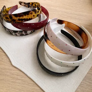 Vintage wide acrylic headbands with colorful rhinestones and non-slip inner teeth