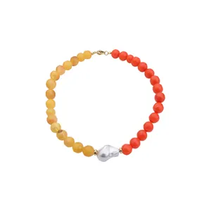 Vibrant dopamine-style acrylic beaded necklace with an irregular silver pearl accent