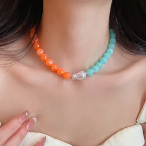 Trendy colorful acrylic beaded clavicle necklace with central irregular pearl pendant