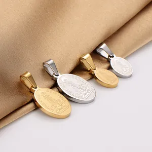 Group of 18k gold plated stainless steel oval religious portrait pendants in gold and silver