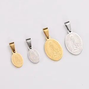 Close-up of four oval stainless steel Our Lady of Fatima pendants in gold and silver finishes