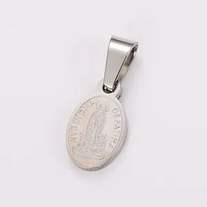 Detail view of a silver stainless steel oval pendant with Our Lady of Fatima engraving.